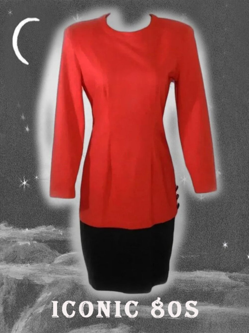 Red Black Dress Colorblock Bodycon Knit Sheath with Sleeves Iconic 80s Vintage